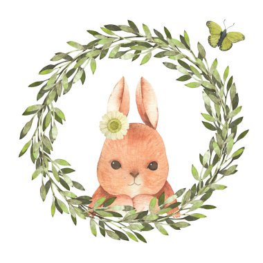 El suluboya mutlu Paskalya çekilmiş. Çelenk bıraktı. Bahar tatil dekorasyon. Paskalya kartları, posterler, afişler, parmak izi için idealdir.