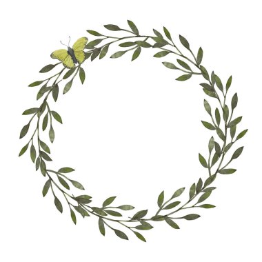 Suluboya çelenk. Çerçeve bırakır. Grennery rengi. Tatil dekorasyon bahar ve yaz. Paskalya kartları, posterler, afişler, parmak izi için idealdir.