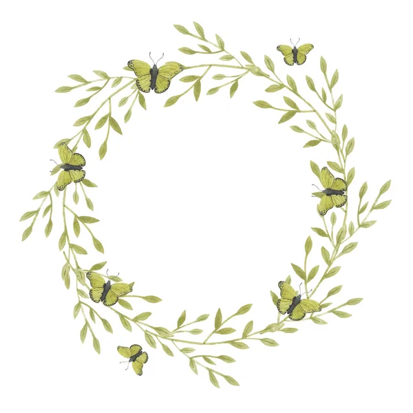 Suluboya çelenk. Çerçeve bırakır. Grennery rengi. Tatil dekorasyon bahar ve yaz. Paskalya kartları, posterler, afişler, parmak izi için idealdir.