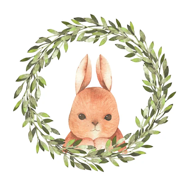 El suluboya mutlu Paskalya çekilmiş. Çelenk bıraktı. Bahar tatil dekorasyon. Paskalya kartları, posterler, afişler, parmak izi için idealdir.