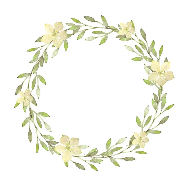 Watercolor wreath. Leaves frame. Grennery color. Spring and summer holiday decoration. It's perfect for easter cards, posters, banners, prints.