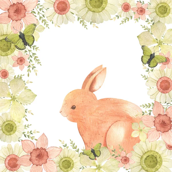 Hand Dras Akvarell Glad Påsk Set Med Kanin Bunny Spring — Stockfoto