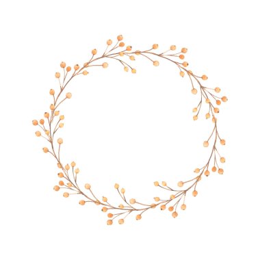 Suluboya çelenk. Çerçeve çiçek. Yaprak, yaprak, dal. Elle çizilmiş şekil. Tasarım düğün davetiyeleri, tebrik kartları, kartlar