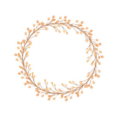 Suluboya çelenk. Çerçeve çiçek. Yaprak, yaprak, dal. Elle çizilmiş şekil. Tasarım düğün davetiyeleri, tebrik kartları, kartlar