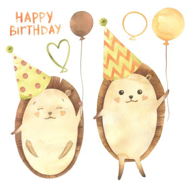 Suluboya Doğum günü: cupcake, kek, mumlar, şeritler, yıldızlar, topları, kirpi. Beyaz arka plan üzerinde izole karikatür kroki illüstrasyon el çizilmiş. Doğum günü kartı koleksiyonları