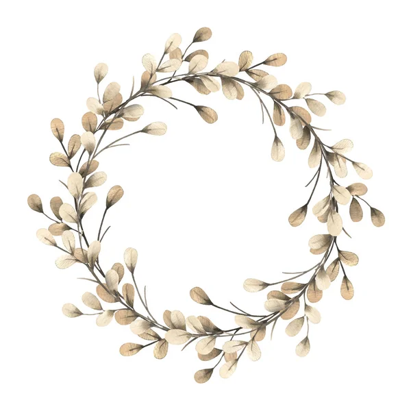 Suluboya çelenk. Çerçeve çiçek. Yaprak, yaprak, dal. Elle çizilmiş şekil. Tasarım düğün davetiyeleri, tebrik kartları, kartlar