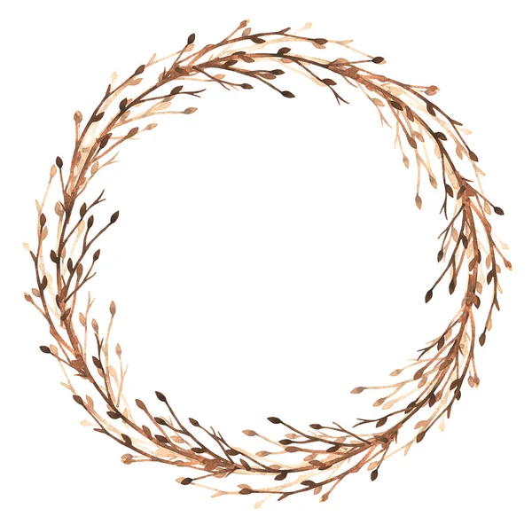 Suluboya çelenk. Çerçeve çiçek. Yaprak, yaprak, dal. Elle çizilmiş şekil. Tasarım düğün davetiyeleri, tebrik kartları, kartlar