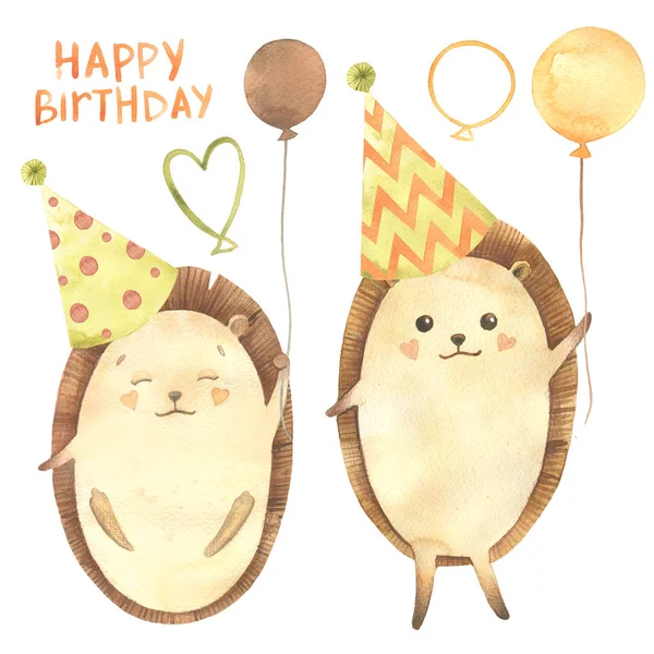Suluboya Doğum günü: cupcake, kek, mumlar, şeritler, yıldızlar, topları, kirpi. Beyaz arka plan üzerinde izole karikatür kroki illüstrasyon el çizilmiş. Doğum günü kartı koleksiyonları