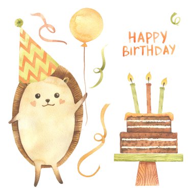 Suluboya Doğum günü: cupcake, kek, mumlar, şeritler, yıldızlar, topları, kirpi. Beyaz arka plan üzerinde izole karikatür kroki illüstrasyon el çizilmiş. Doğum günü kartı koleksiyonları