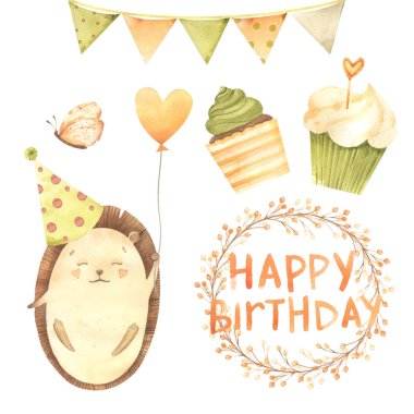Suluboya Doğum günü: cupcake, kek, mumlar, şeritler, yıldızlar, topları, kirpi. Beyaz arka plan üzerinde izole karikatür kroki illüstrasyon el çizilmiş. Doğum günü kartı koleksiyonları