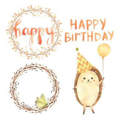 Suluboya Doğum günü: cupcake, kek, mumlar, şeritler, yıldızlar, topları, kirpi. Beyaz arka plan üzerinde izole karikatür kroki illüstrasyon el çizilmiş. Doğum günü kartı koleksiyonları