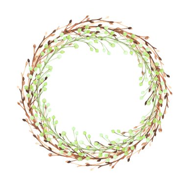 Suluboya çelenk. Çerçeve çiçek. Yaprak, yaprak, dal. Elle çizilmiş şekil. Tasarım düğün davetiyeleri, tebrik kartları, kartlar