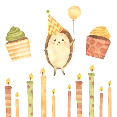 Suluboya Doğum günü: cupcake, kek, mumlar, şeritler, yıldızlar, topları, kirpi. Beyaz arka plan üzerinde izole karikatür kroki illüstrasyon el çizilmiş. Doğum günü kartı koleksiyonları