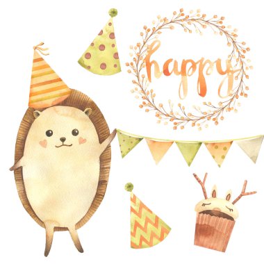 Suluboya Doğum günü: cupcake, kek, mumlar, şeritler, yıldızlar, topları, kirpi. Beyaz arka plan üzerinde izole karikatür kroki illüstrasyon el çizilmiş. Doğum günü kartı koleksiyonları