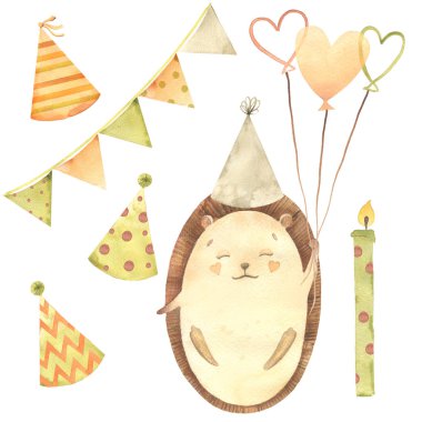 Suluboya Doğum günü: mumlar, şeritler, topları, kirpi. Beyaz arka plan üzerinde izole karikatür kroki illüstrasyon el çizilmiş. Doğum günü kartı koleksiyonları