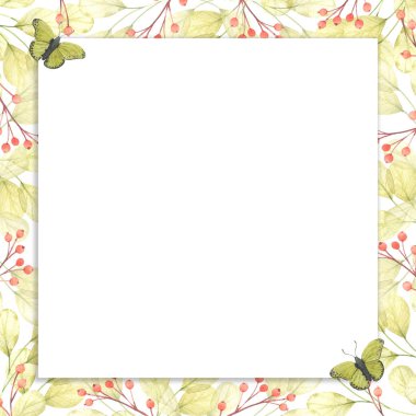 Çerçeve suluboya Doğa yaprakları, yaprak. Davetiye, düğün veya tebrik kartları için bahar veya yaz tasarımı.