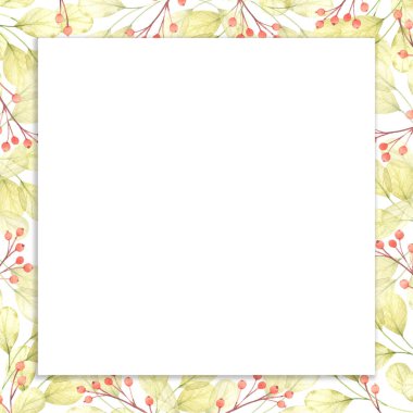 Çerçeve suluboya Doğa yaprakları, yaprak. Davetiye, düğün veya tebrik kartları için bahar veya yaz tasarımı.