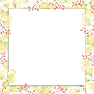 Çerçeve suluboya Doğa yaprakları, yaprak. Davetiye, düğün veya tebrik kartları için bahar veya yaz tasarımı.