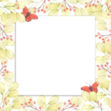 Çerçeve suluboya Doğa yaprakları, yaprak. Davetiye, düğün veya tebrik kartları için bahar veya yaz tasarımı.