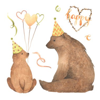 Suluboya Doğum günü. Beyaz arka plan üzerinde izole karikatür kroki illüstrasyon el çizilmiş. Doğum günü kartı koleksiyonları