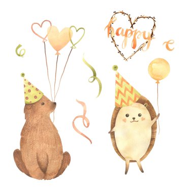 Suluboya Doğum günü. Beyaz arka plan üzerinde izole karikatür kroki illüstrasyon el çizilmiş. Doğum günü kartı koleksiyonları