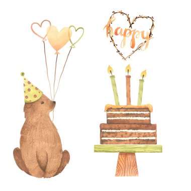 Suluboya Doğum günü. Beyaz arka plan üzerinde izole karikatür kroki illüstrasyon el çizilmiş. Doğum günü kartı koleksiyonları