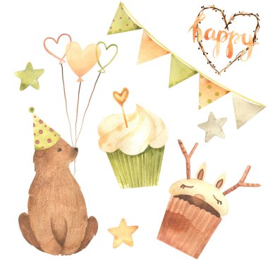 Suluboya Doğum günü. Beyaz arka plan üzerinde izole karikatür kroki illüstrasyon el çizilmiş. Doğum günü kartı koleksiyonları