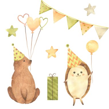 Suluboya Doğum günü. Beyaz arka plan üzerinde izole karikatür kroki illüstrasyon el çizilmiş. Doğum günü kartı koleksiyonları