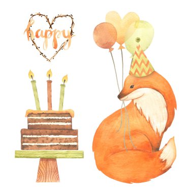 Suluboya Doğum günü. Beyaz arka plan üzerinde izole karikatür kroki illüstrasyon el çizilmiş. Doğum günü kartı koleksiyonları