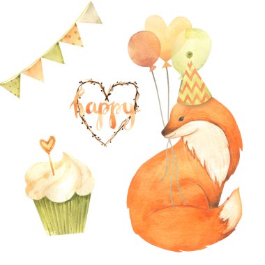 Suluboya Doğum günü. Beyaz arka plan üzerinde izole karikatür kroki illüstrasyon el çizilmiş. Doğum günü kartı koleksiyonları