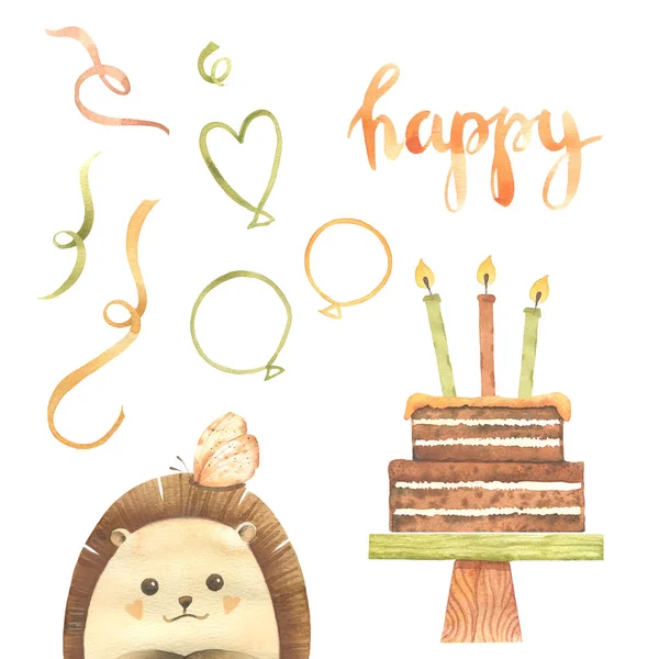 Watercolor Birthday Cupcake Cake Candles Ribbons Stars Balls Hedgehogs Hand — Stock Photo, Image