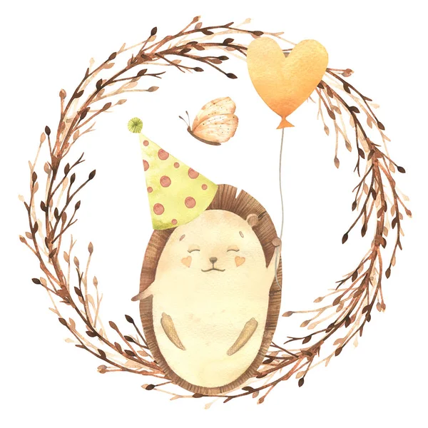 Akvarell Születésnap Cupcake Torta Gyertyák Szalagok Csillagok Labdák Sün Kézzel — Stock Fotó