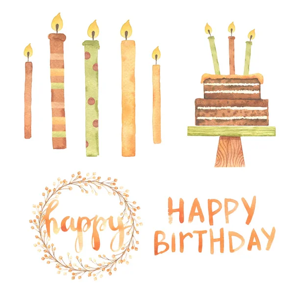 Acquerello Compleanno Cupcake Torta Candele Nastri Stelle Palle Disegnato Mano — Foto Stock