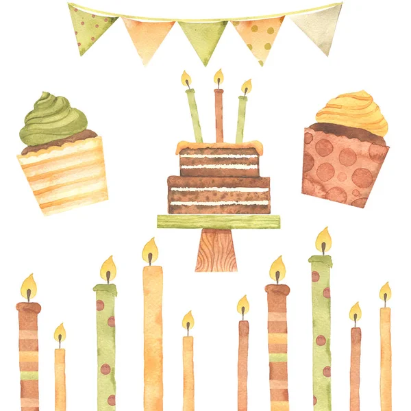 Aquarelle Anniversaire Cupcake Gâteau Bougies Rubans Étoiles Boules Illustration Dessinée — Photo