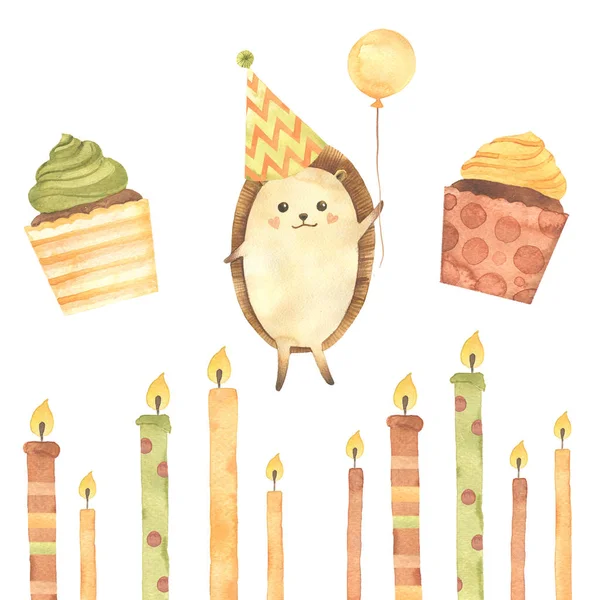 Geburtstag Cupcake Kuchen Kerzen Bänder Sterne Kugeln Igel Handgezeichnete Zeichentrick — Stockfoto