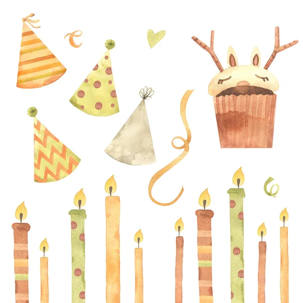 Aquarelle Anniversaire Cupcake Gâteau Bougies Rubans Étoiles Boules Illustration Dessinée — Photo