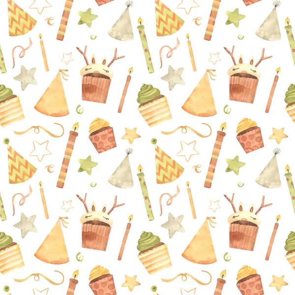 Akvarell Födelsedag Sömlösa Mönster Cupcake Tårta Ljus Band Stjärnor Handritad — Stockfoto