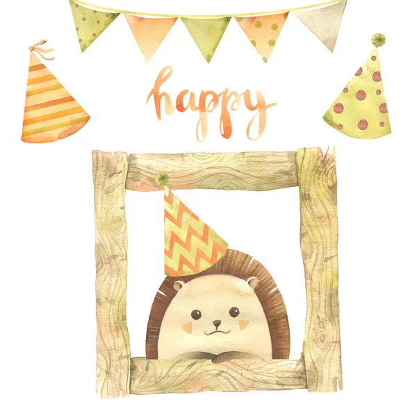 Watercolor birthday: hedgehogs in frame. Hand drawn cartoon watercolor sketch illustration isolated on white background. Collections for birthday card