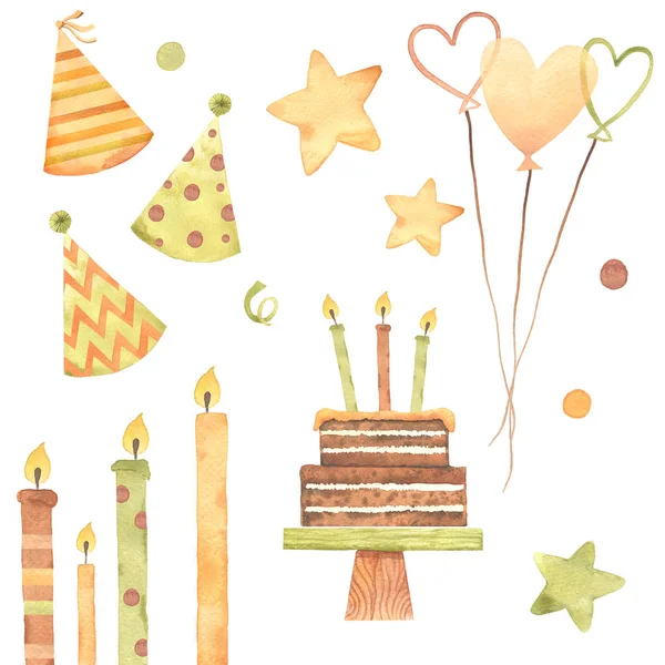 Watercolor Birthday Cupcake Cake Candles Ribbons Stars Ball Hand Drawn — Stock Photo, Image