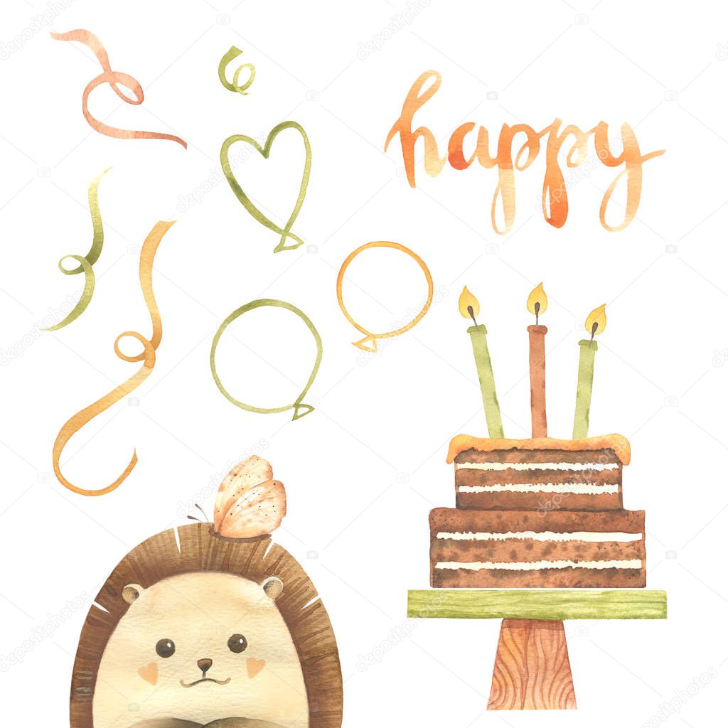Watercolor birthday: cupcake, cake, candles, ribbons, stars, balls, hedgehogs. Hand drawn cartoon watercolor sketch illustration isolated on white background. Collections for birthday card