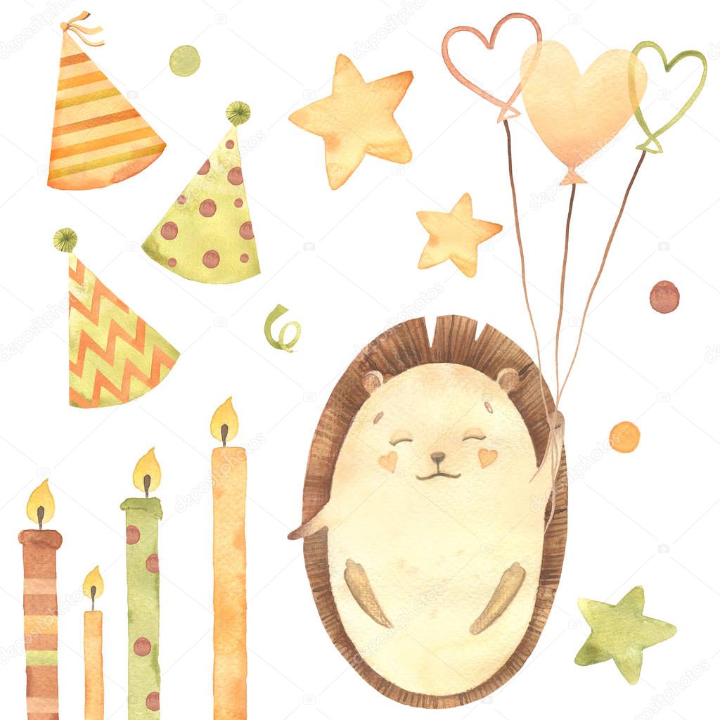 Watercolor birthday: candles, ribbons, stars, balls, hedgehogs. Hand drawn cartoon watercolor sketch illustration isolated on white background. Collections for birthday card
