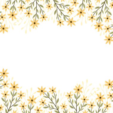 Vektör çerçeve botanik. Kır çiçekleri, otlar, yaprak. toplama bahçe ve yabani yeşillik, yaz çiçekleri, dalları. beyaz arka plan üzerinde izole edilmiş illüstrasyon. El çizimi.