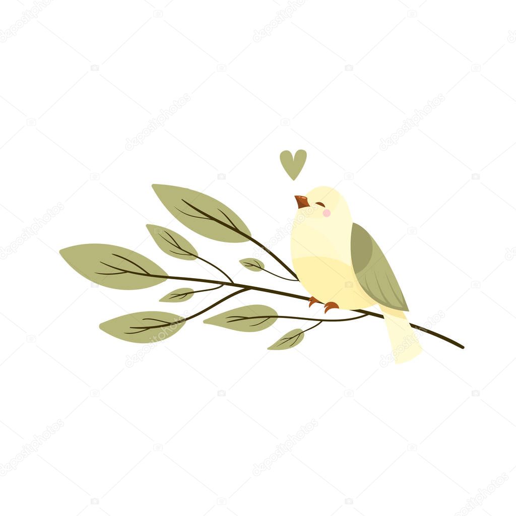 Vector cute colorful bird on the branch isolated on white background. Spring, summer.