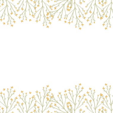 Vektör çerçeve botanik. Kır çiçekleri, otlar, yaprak. toplama bahçe ve yabani yeşillik, yaz çiçekleri, dalları. beyaz arka plan üzerinde izole edilmiş illüstrasyon. El çizimi.