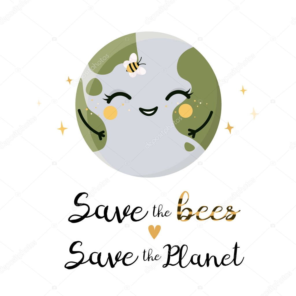 Save The Bees. Save the planet. Postcard or poster motive.