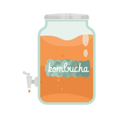 Kombucha fermente probiyotik ev yapımı çay vektör illüstrasyon. mantar, kombucha çayı ile cam kavanoz. Süper yemek, sağlıklı kokteyl. Beyaz arka plan düz stil simgesinde yalıtılmış.