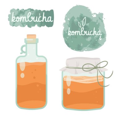 Kombucha fermente probiyotik ev yapımı çay vektör illüstrasyon. mantar, kombucha çayı ile cam kavanoz. Süper yemek, sağlıklı kokteyl. Beyaz arka plan düz stil simgesinde yalıtılmış.