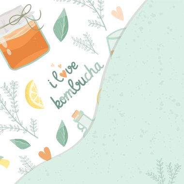 Kombucha fermente probiyotik ev yapımı çay vektör illüstrasyon. mantar, kombucha çayı ile cam kavanoz. Süper yemek, sağlıklı kokteyl. Beyaz arka plan düz stil simgesinde yalıtılmış.