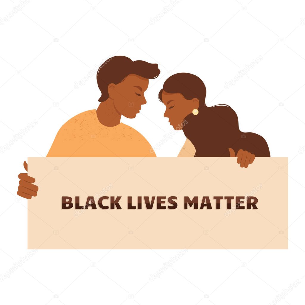 Stop racism. Black lives matter, we are equal. No racism concept. Young afro american activists against racism. Flat style. Different skin colors. Supporting illustration. Vector.