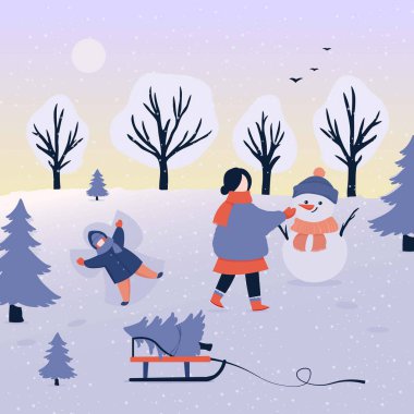 Kardan adam yapan anne ve bebekle Kış Noel Peyzajı Vektör Arkaplanı.